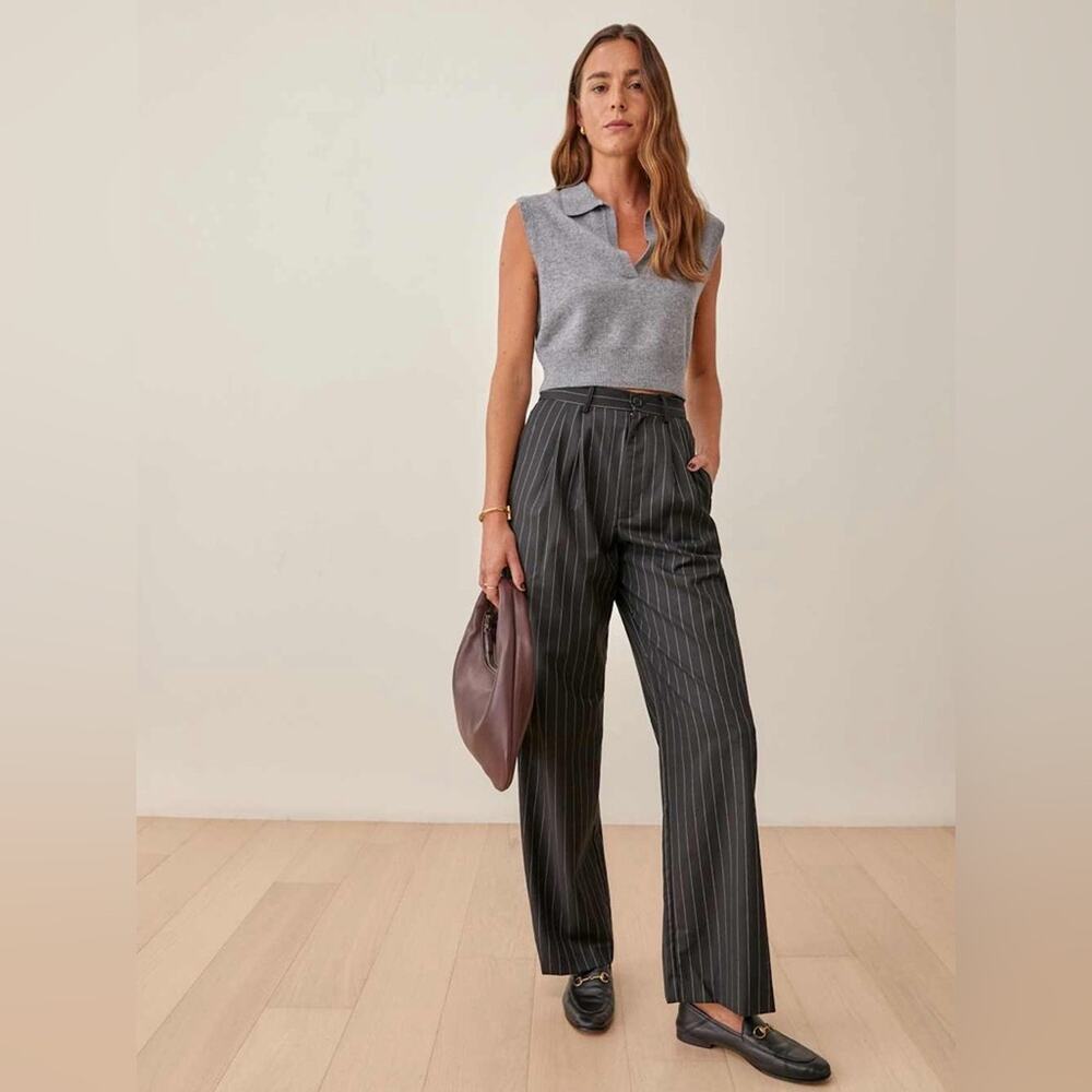 NWT Reformation Wool Blend Black Pinstripe Oren Wide Leg Pant Size 2 Petite